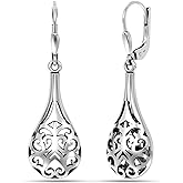 LeCalla 925 Sterling Silver Filigree Lever Back Drop Earrings Puffed Bohemian Antique Raindrop Dangle Earring for Women