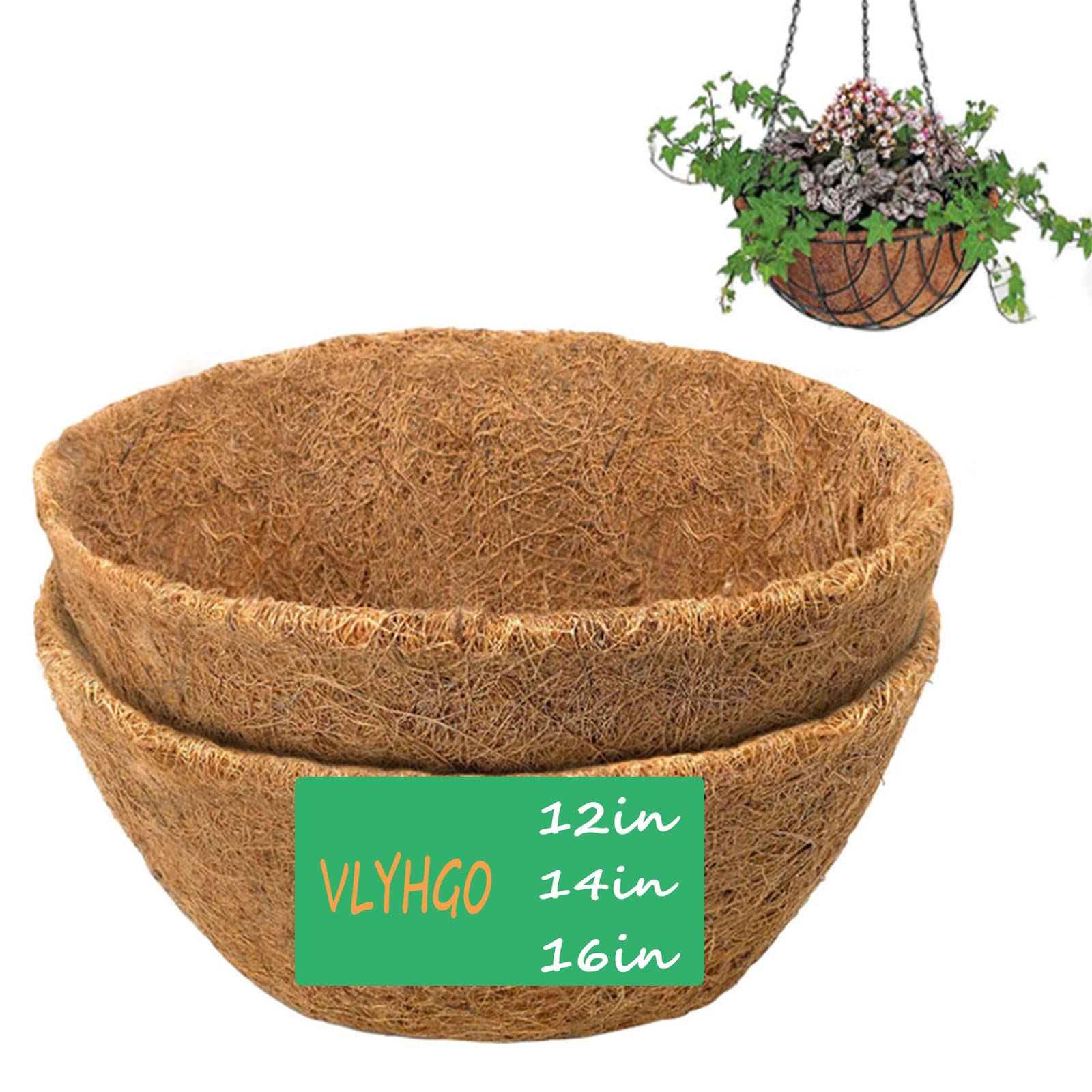 VLYHGO Coco Liner 14 Inch Hanging Basket Coir Liner 100% Natural Round Coconut Fiber Replacement Liners for Hanging Basket Flowers Vegetables (2 PCS)