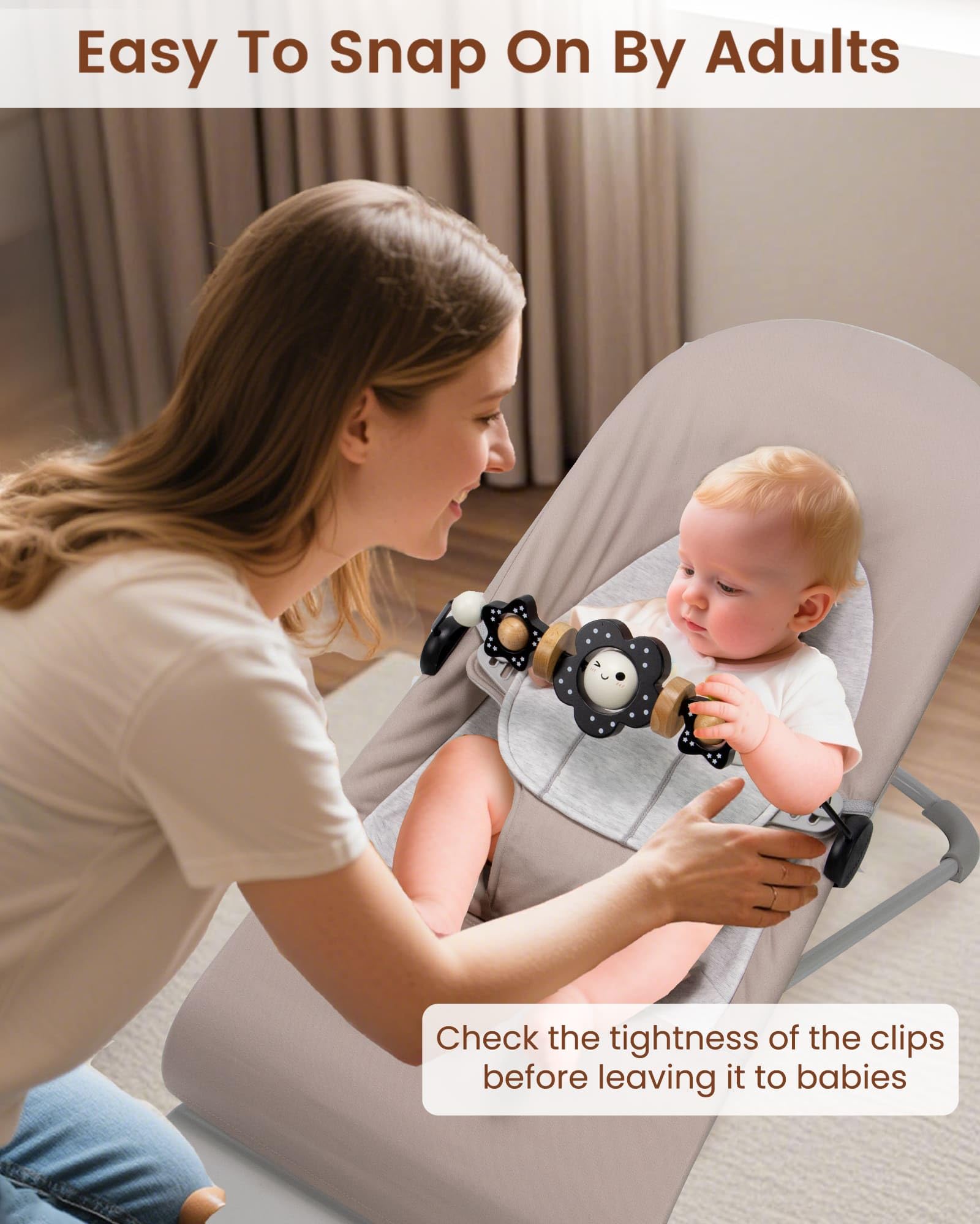 Baby Bouncer Toy Bar Wooden Compatible with Baby Bjorn Bouncer, Bouncer Toy Attachment Tight and Secure Fit, So Fun to Watch, Touch and Spin for Babies All Ages (Black and White Flower)