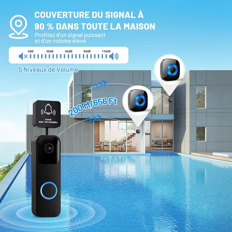 Relais de Signal Sans Fil, WET03B kit d’Extension Carillon Sans Fil, Compatible avec Toutes les Sonnettes Blink, 58 Mélodies & 5 Niveaux de Volume, 1 Convertisseur et 1 Récepteur