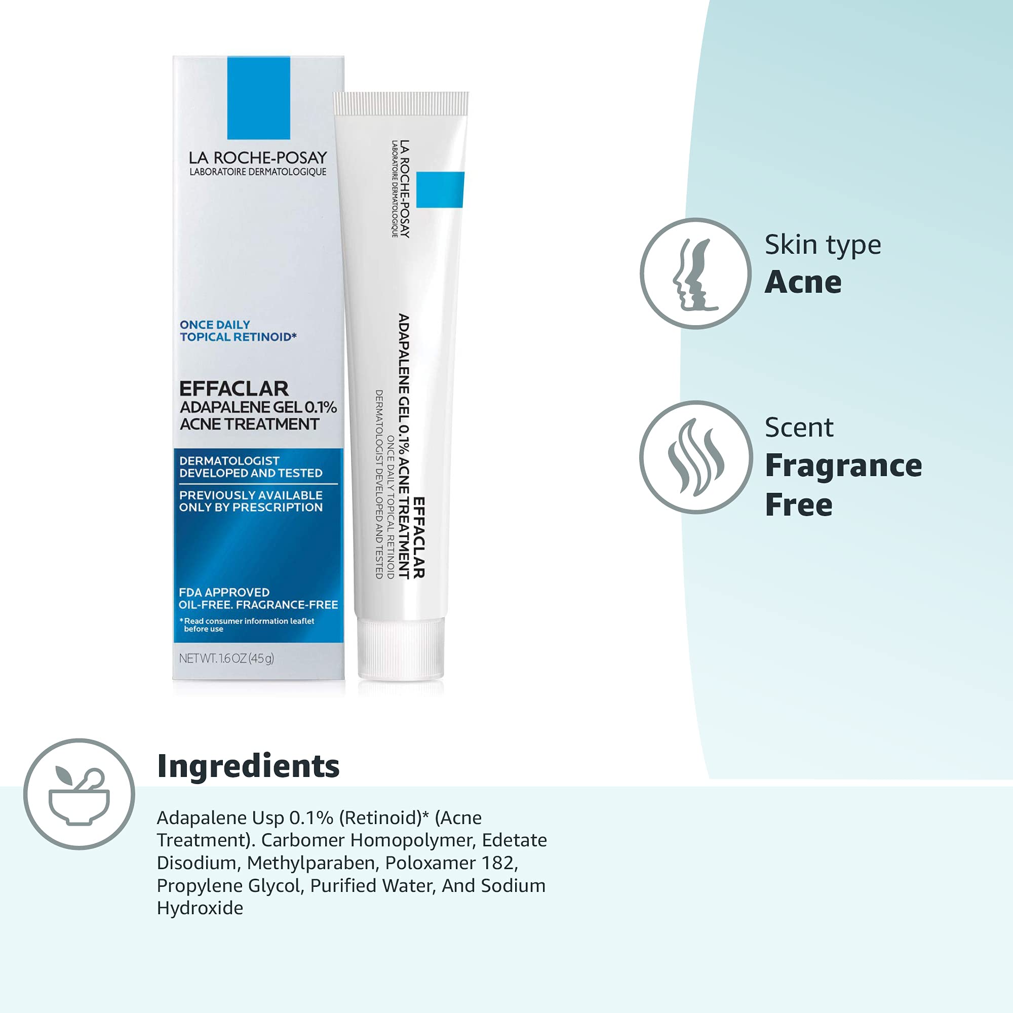 La Roche-Posay Effaclar Adapalene Gel 0.1% Acne Treatment, Retinoid Cream, Acne Medication Gel For Blackheads & Whiteheads, Oil Free, Helps Clear And Prevent Blemishes & Clogged Pores