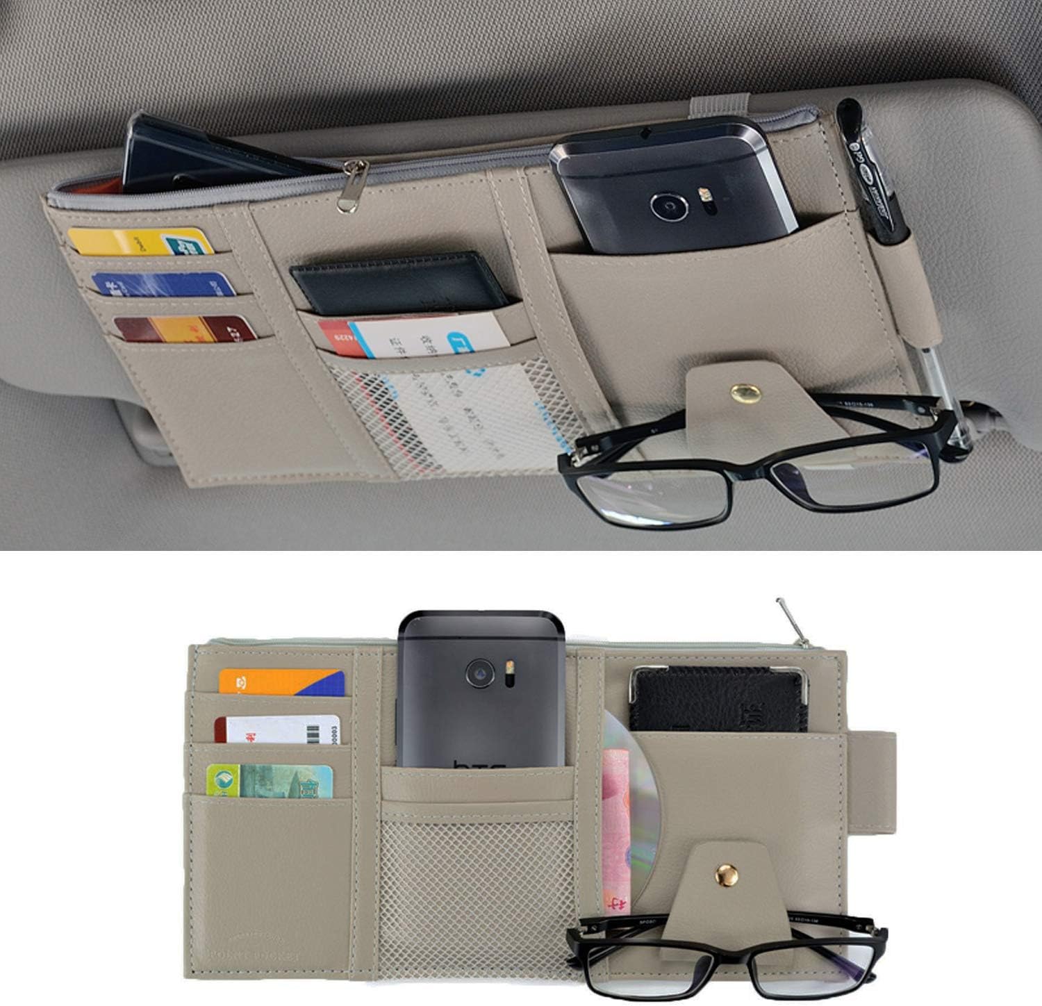 DDstone PU Leather Multi-Function Car Space Sun Visor Organizer Hanging Phone Storage Pouch Holder (Grey)