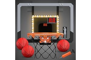 EXPLOREMORE HYES Mini Basketball Hoop Indoor with Scoreboard/LED Light, Glow in The Dark Door Basketball Hoop, Basketball Toy Gifts for Kids Boys Girls Teens Adults, Suit for Bedroom/Office/Outdoor/Pool, Black