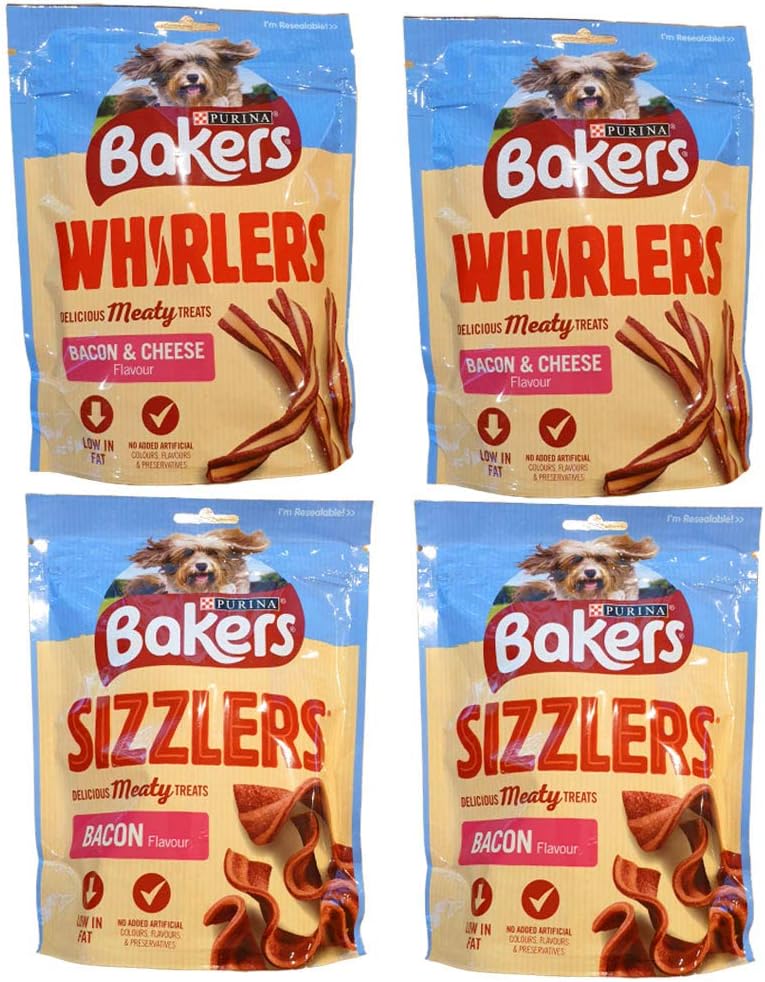 Baker Bacon & Cheese Whirlers 2 x 130g and Bacon Sizzlers 2 x 90g Dog Treats, 180 g (Pack of 1)