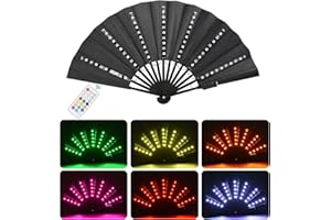 HFWHOK Rave Fan Chinese LED Folding Fan LED Glowing Colorful Light Up Fan with Remote Control, Stage Performance Dance Fans Festival Fan for Birthday Party Event Dance Night Bar Club Photo Props (Black)