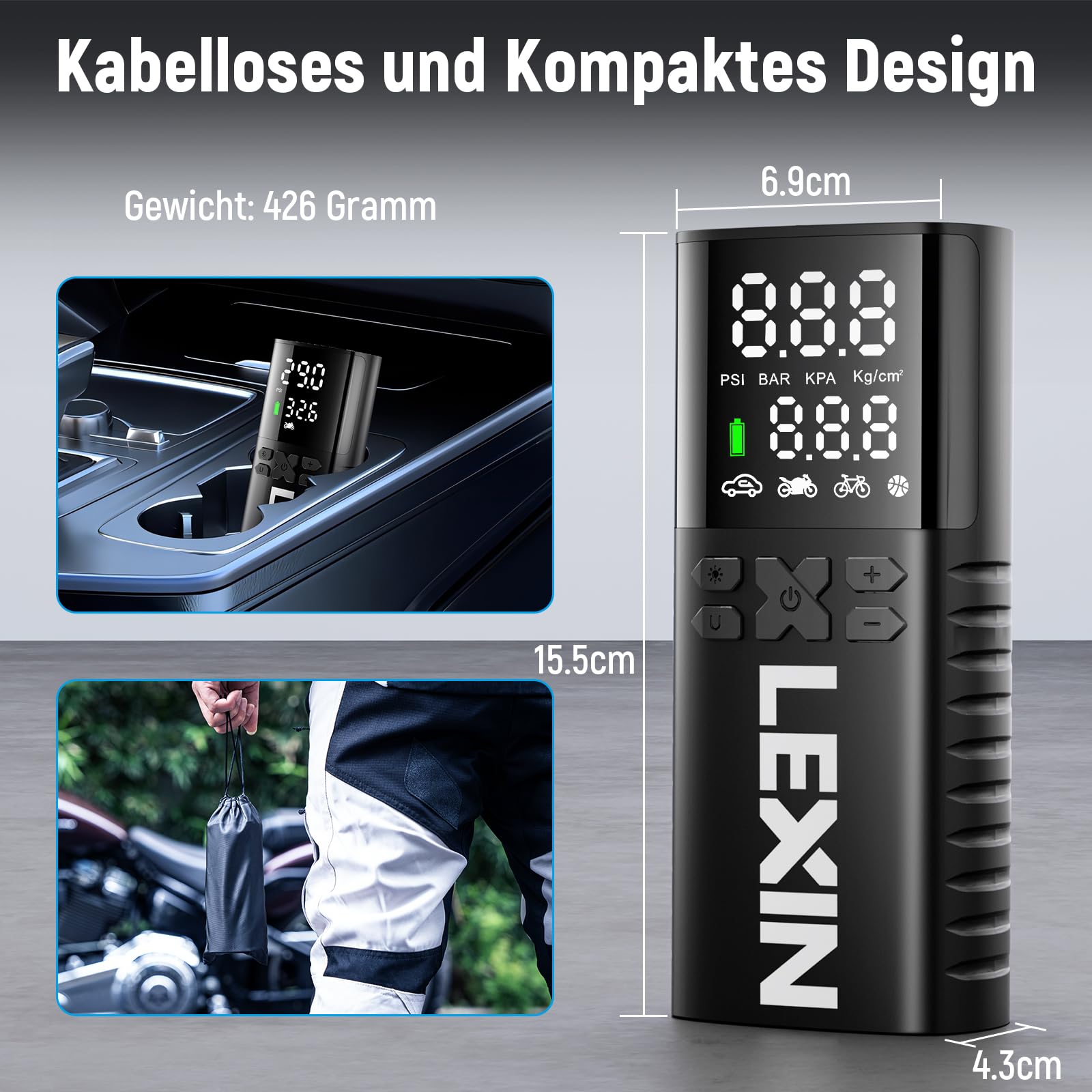 LEXIN P4 Elektrische Luftpumpe, Akku Kompressor 4000mAh, Tragbare Luftpumpe Fahrrad 150 PSI (10,3 Bar), Luftkompressor für Fahrrad Auto Motorrad Bälle, Mini Reifenpumpe mit LED-Anzeige, Notbeleuchtung 5