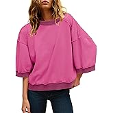 Panadila Womens Oversized Short Sleeve Sweatshirt Crewneck 3/4 Sleeve Tops Summer Cute Color Block Pullover Sweatshirt