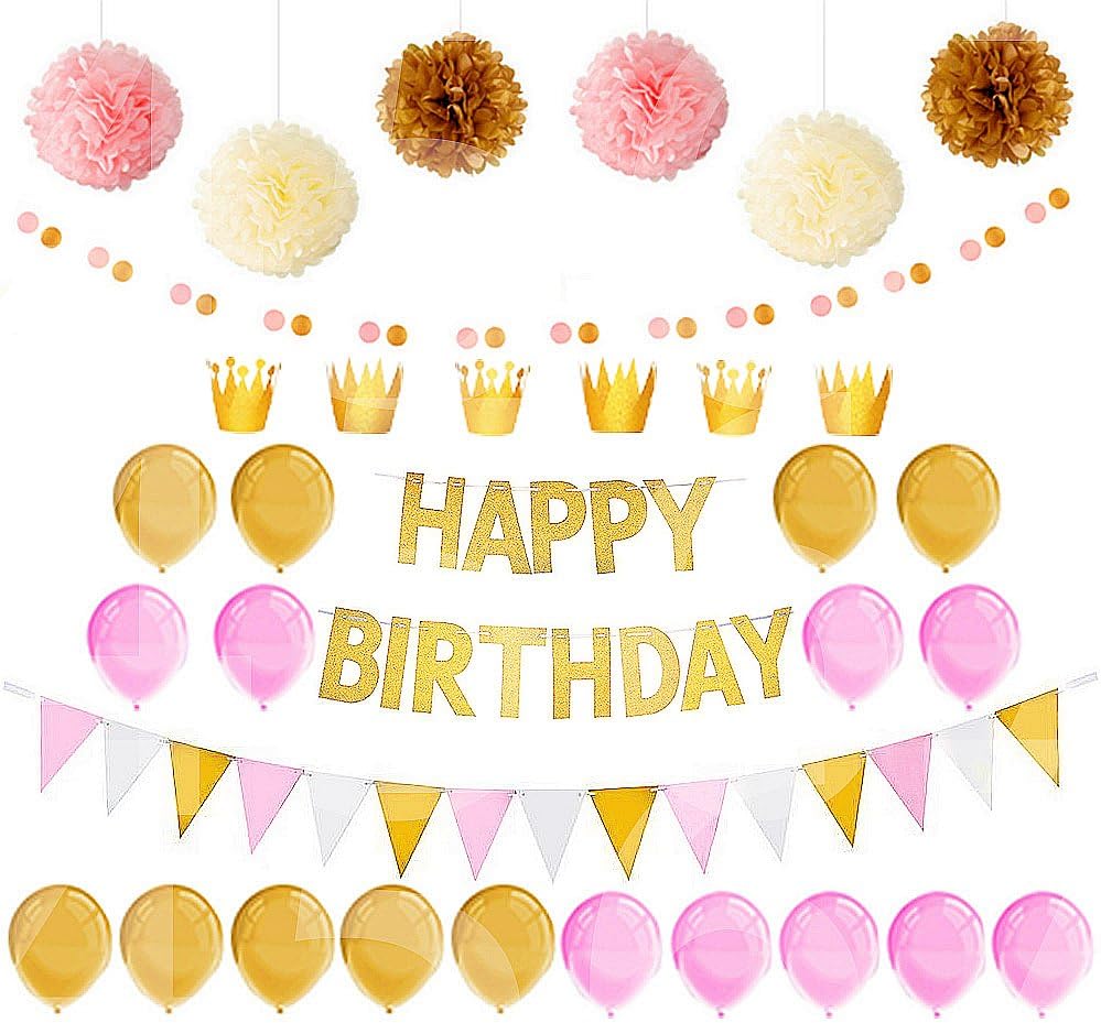 Happy Birthday Triangle Banner Glitter Paper Crown Pom Pom Flower Circle Paper Garland Latex Ballon for Colorful Party Decoration