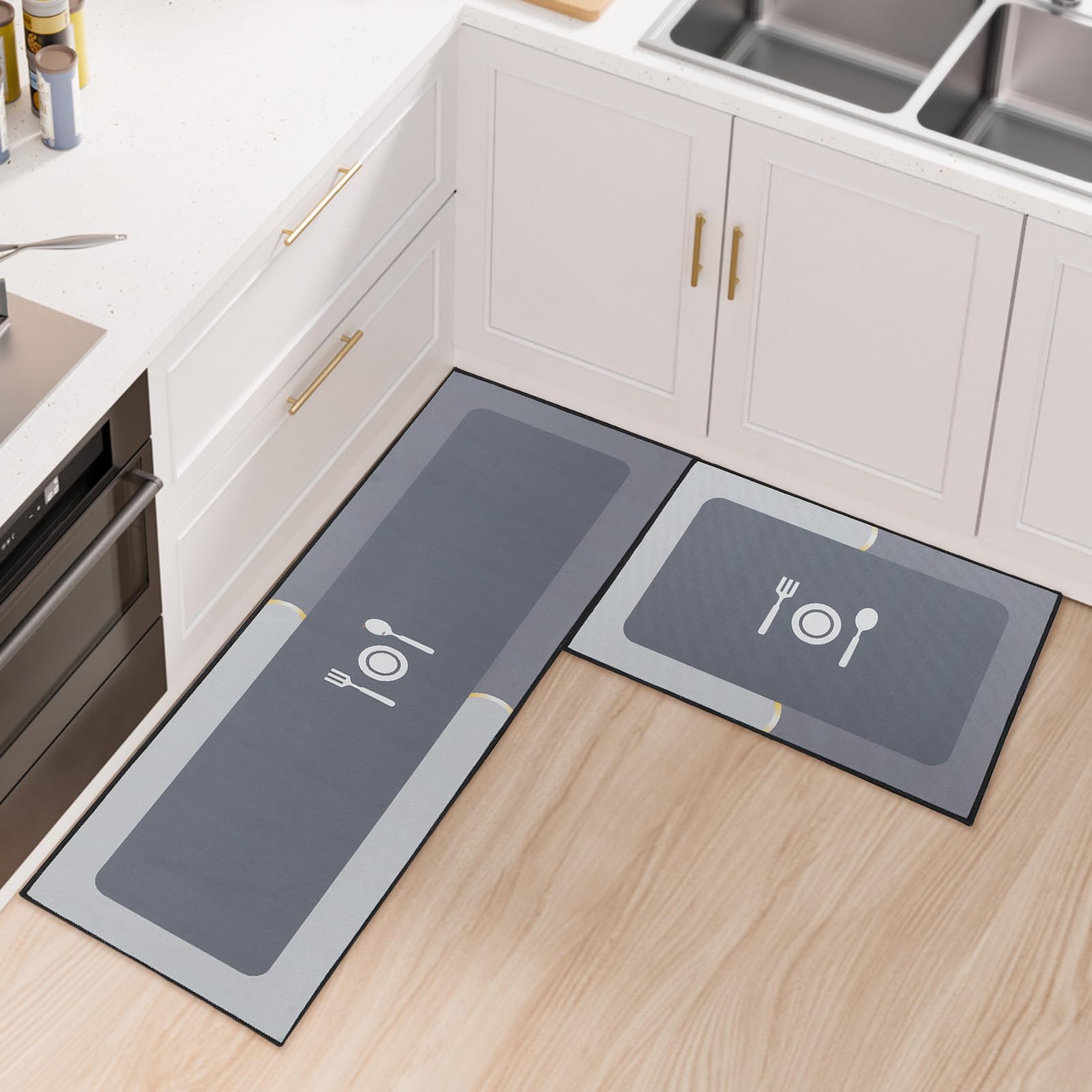 Fecialy Kitchen Rug Set 2 Piece Non Slip and Anti Fatigue Kitchen Mat, Thickened Silicone Backing Floor Mats Washable Mats and Rugs for kitchen, 43x75cm + 43x120cm