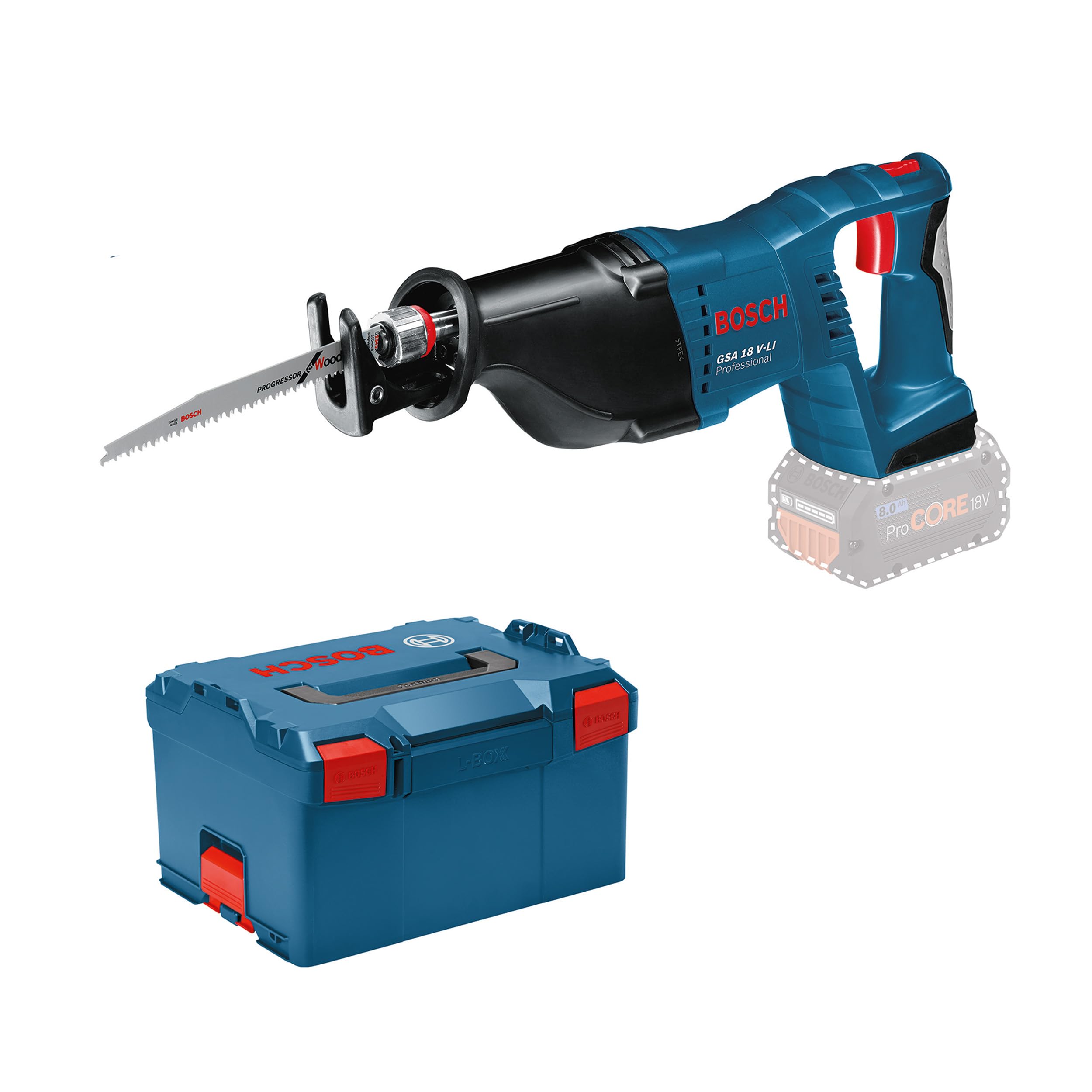 Bosch Professional 18V System Cordless Reciprocating Saw GSA 18 V-LI (Including 2X reciprocating Saw Blades (Wood/Metal), Without Battery/Charger, L-BOXX 238)