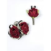 DESUNESS Artificial Rose Corsage and Boutonniere Set for Wedding Party, Bridal Bouquet, Prom, Birthday, Valentine's Day (Red)