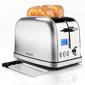 Toaster 2 Slice Stainless Steel Toasters,LCD Timer Display Compact Toaster Extra Wide Slots with 7 Bread Shade Settings&Defrost/Bagel/Cancel/Reheat Function,Removable Crumb Tray,900W Silver Toaster
