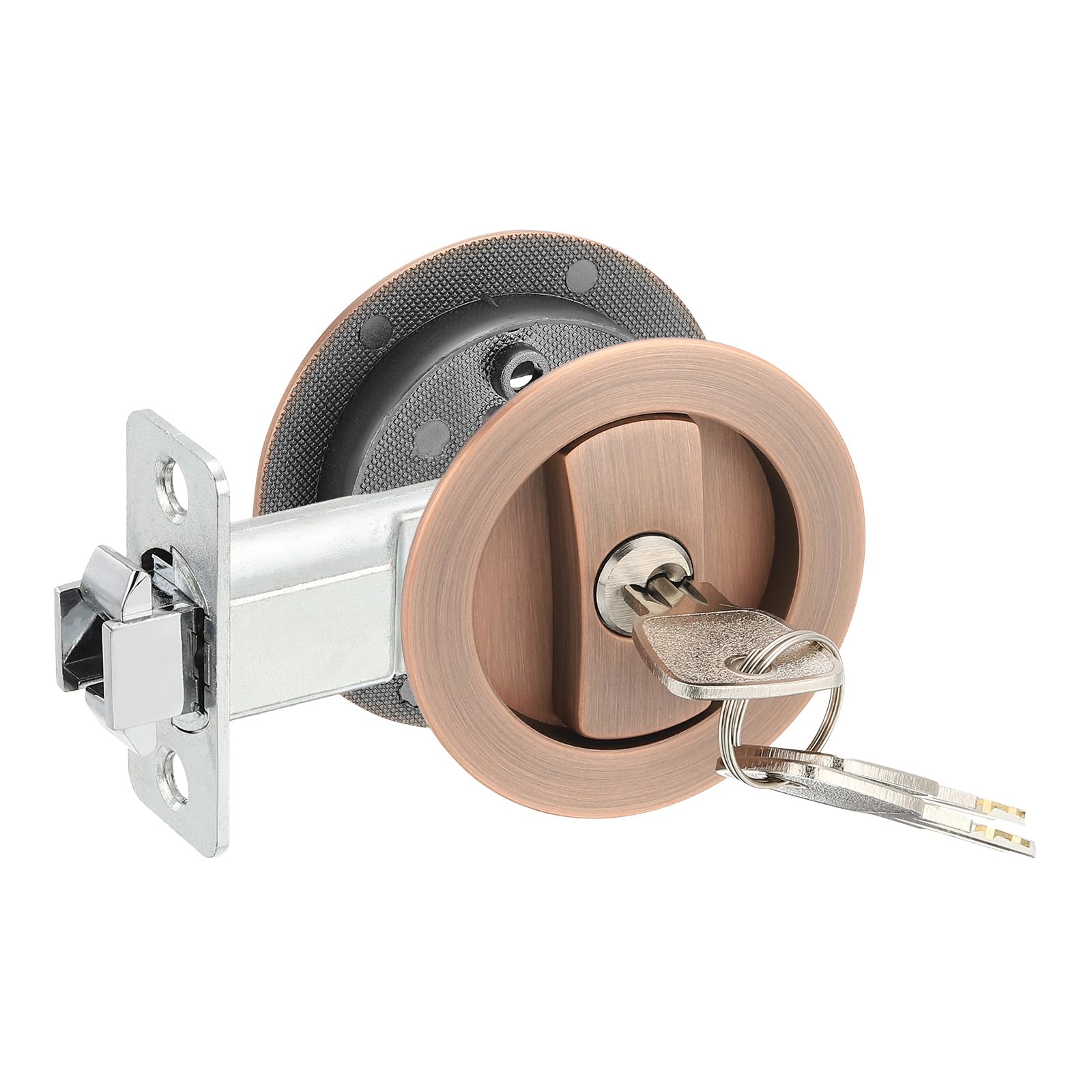 PATIKIL Round Recessed Door Lock with Keys, Pocket Invisible Hardware Privacy Sliding Door Lock for Bathroom Bedroom Barn for 1-3/8" to 2" Thickness Plate, Red Bronze