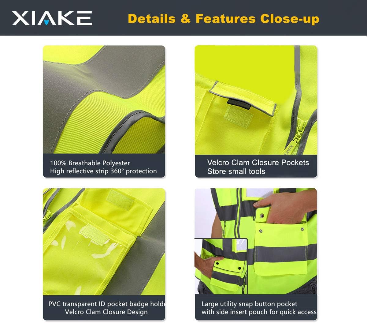 XIAKE Class 2 High Visibility Reflective Safety Vests with 8 Pockets and Zipper Front, Meets ANSI/ISEA Standards(Small, Yellow) - - 