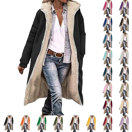 Ladies Coat,Winter Coats for Women Uk Lined Warm Outerwear Double Faced Fashionable Fleece Jacket Women‘S Clothing Waterproof Coat Long Sleeve Hooded Puffer Jackets Warm Outfits Top Black S