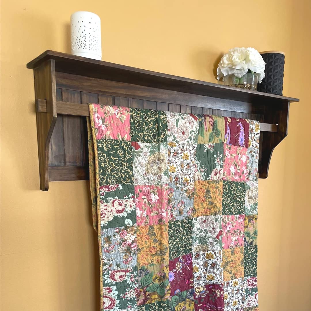 RELODECOR Wall Mounted Quilt Rack with Shelf - Solid Pine Wood, Rustic ...