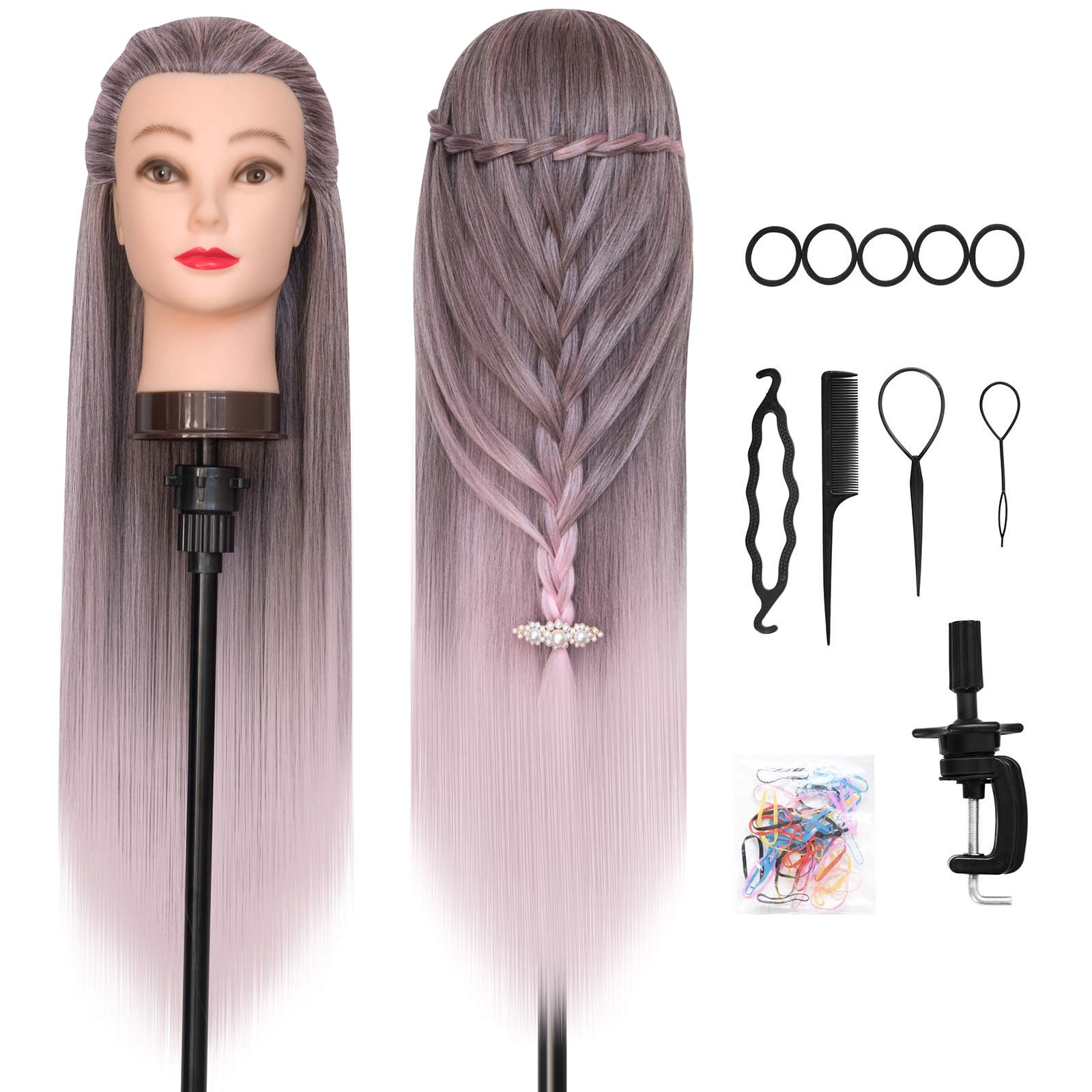Training Head, DanseeMeibr 26-28 Inch Hairdressing Head 100% Synthetic Fiber Cosmetology Mannequin Head with Free Clamp for Braiding Stying (Ombre Pink)
