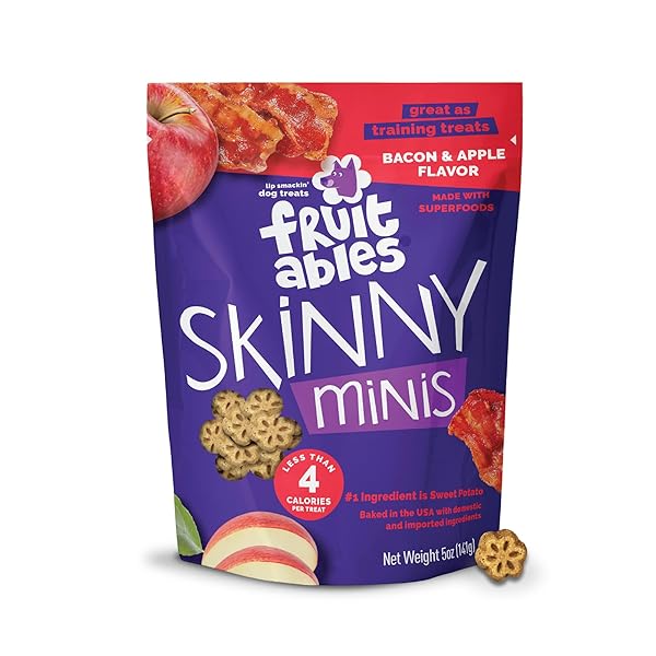 FRUITABLES SKINNY MINI DOG TREATS, HEALTHY SWEET POTATO TREAT FOR DOGS, LOW CALORIE & DELICIOUS, PUPPY TRAINING, FREE OF WHEAT, CORN AND SOY, MADE IN THE USA, BACON AND APPLE FLAVOR, 5OZ
