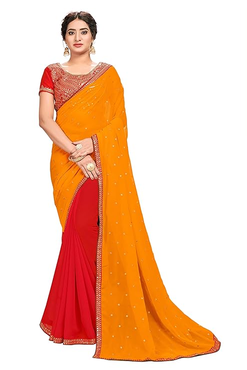 Women's Georgette Saree With Blouse Piece (c-diva103_Orange & Red)