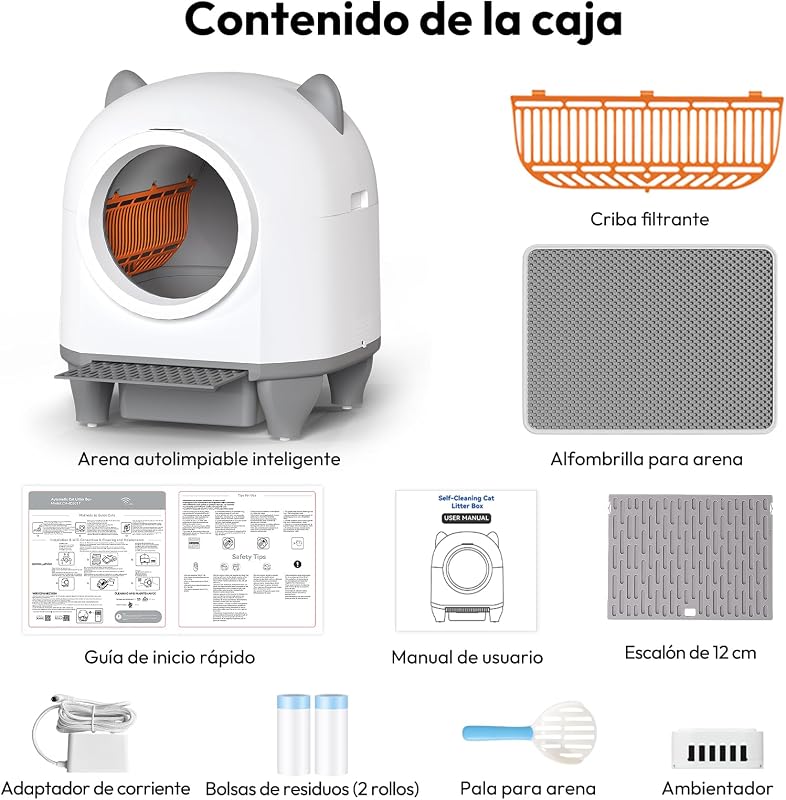 Arenero Gatos Autolimpiable Grande, 90L Gran Capacidad Arenero Automatico Gatos, Equipado con Sistema de 6 Seguridad, Compatible con Control App, Función Mejorada Eliminación Olores