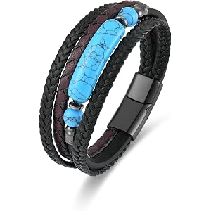 EJARY Mens Turquoise/Lapis Lazuli/Tiger Eye/Black Agate/Obsidian Leather Braided Bracelets for Father's Day/Birthdays/Graduat