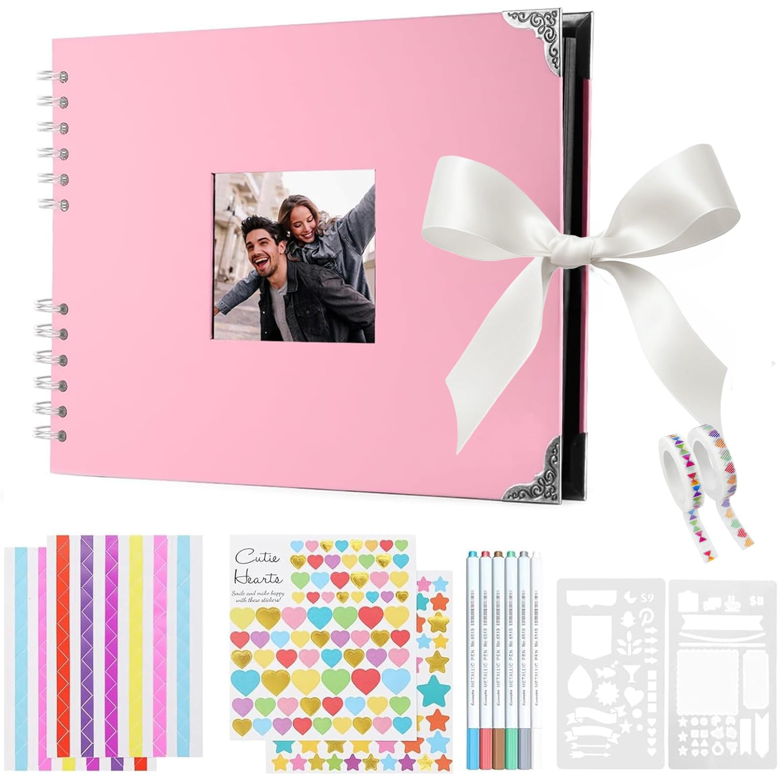 Newthinking Photo Scrapbook with 80 Black Pages, 11.5 x 8.5 Inches Scrapbook Photo Album with Accessories, DIY Couples Memory Scrap Book for Anniversary Wedding Birthday (pink)