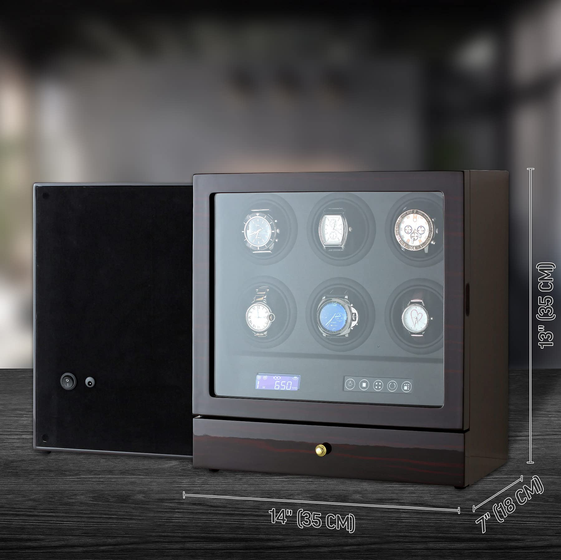 Watch Winder for Automatic Watches with Storage Drawer, LED Light, LCD Display and Remote Control (Ebony + Black)