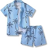 Voxikidio 7-14 Years Boys Clothes 2 Piece Outfits Hawaiian Vacation Beach Short Sleeve Button Down Shirt and Shorts Sets