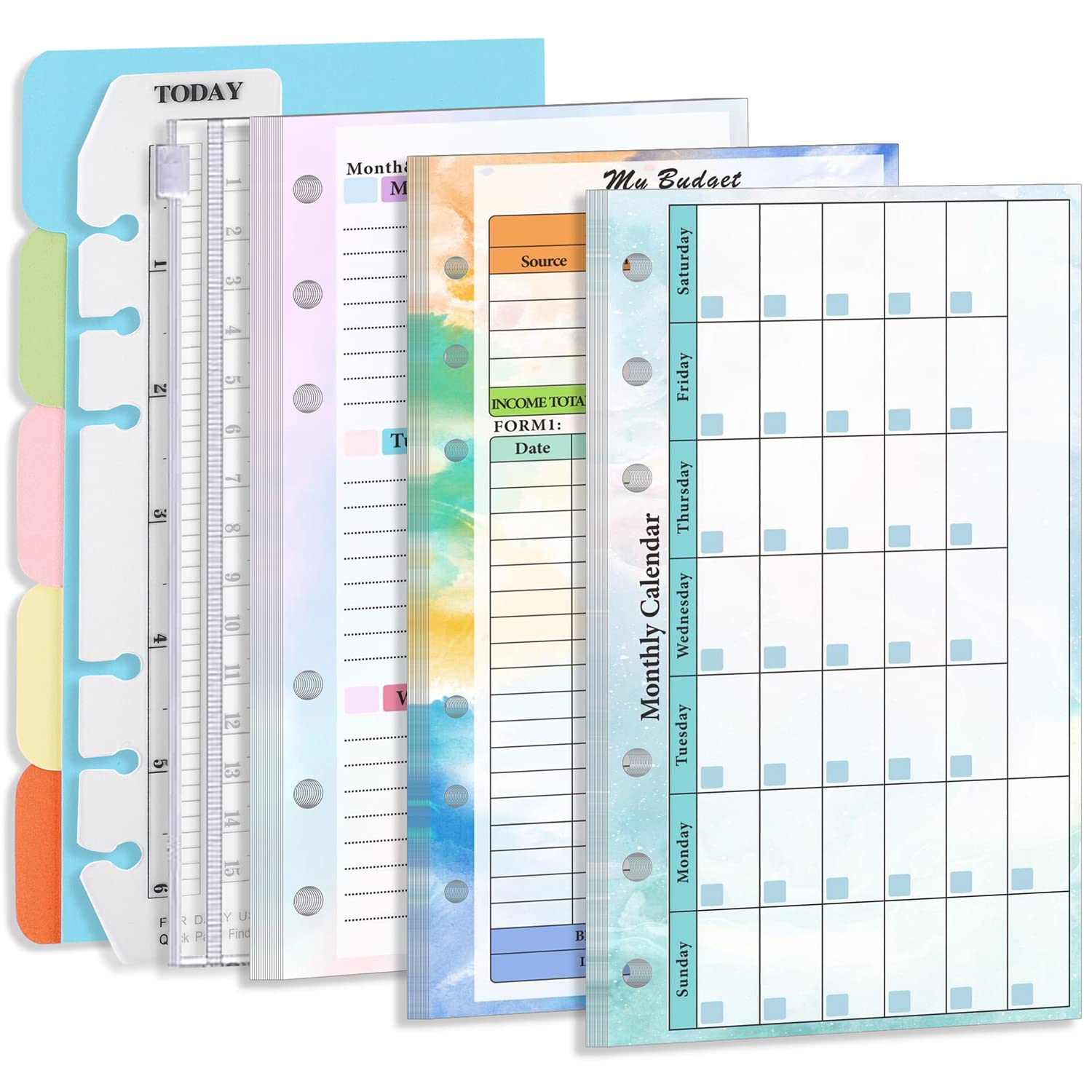 Prefdo A6 Budget Planner Refill Set, 82 Sheets Weekly Planner Monthly Calendar Inserts 6-Hole Budget Planner with Binder Pocket, Paper Divider, Ruler, Index Tabs (Set 1)