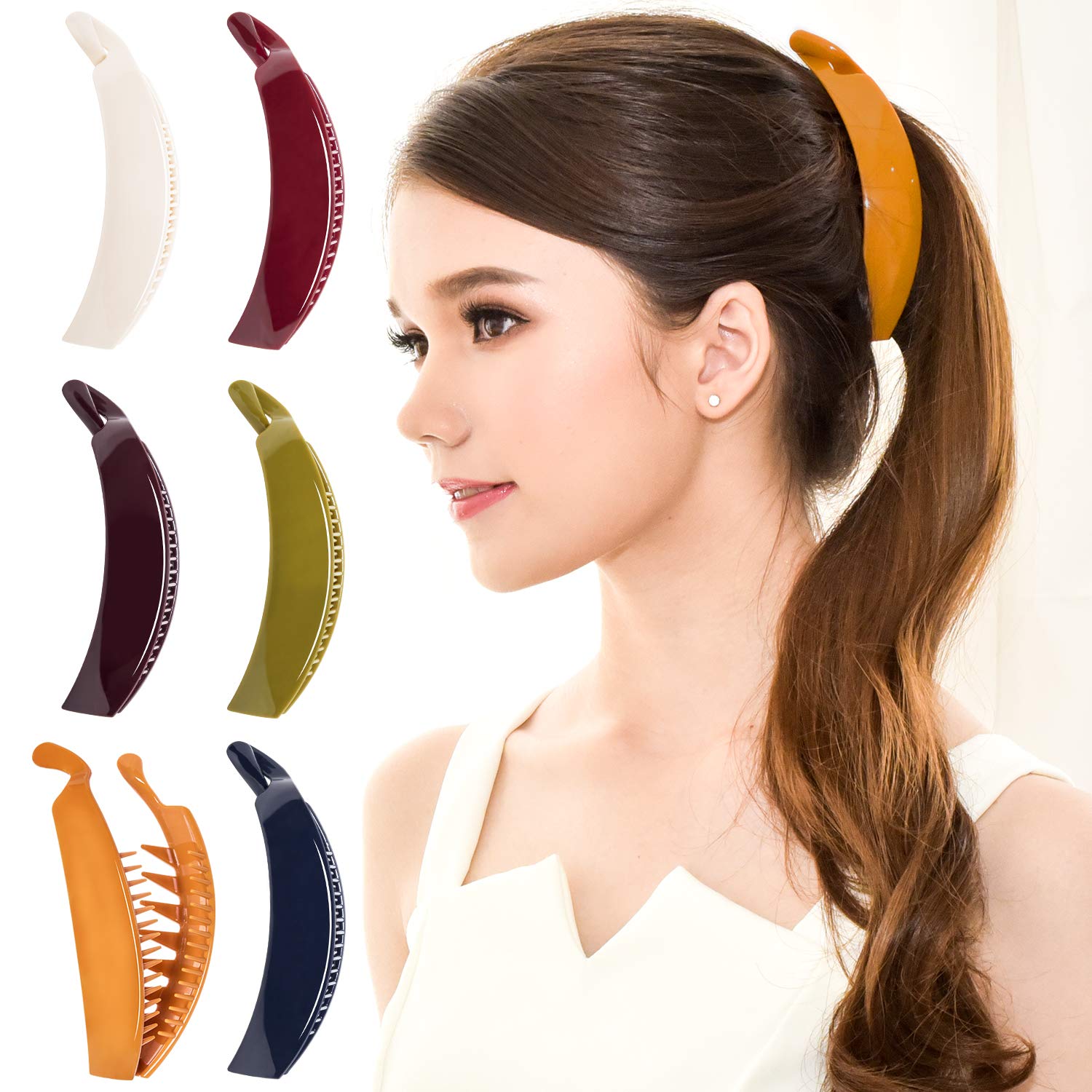 RC ROCHE ORNAMENT 6 Pcs Banana Hair Clips for Women Thick Hair Strong Hold No Slip Ponytail Holder Interlocking Teeth Clamps, Large Classic Multicolor