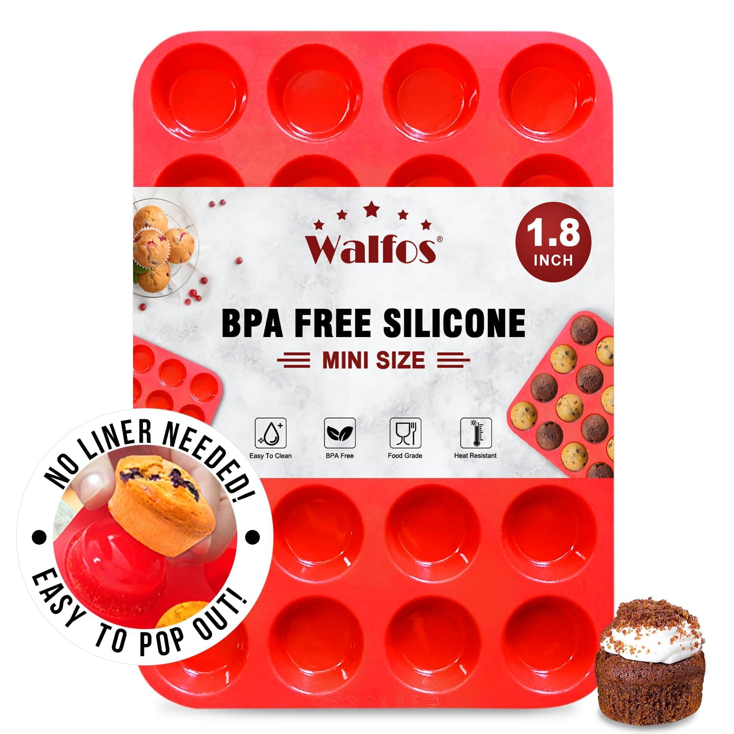 Walfos Mini Muffin Trays 24 Silicone Small Cupcake Cases Mould Baking Pan for Cupcakes, Brownies, Muffins, Pudding