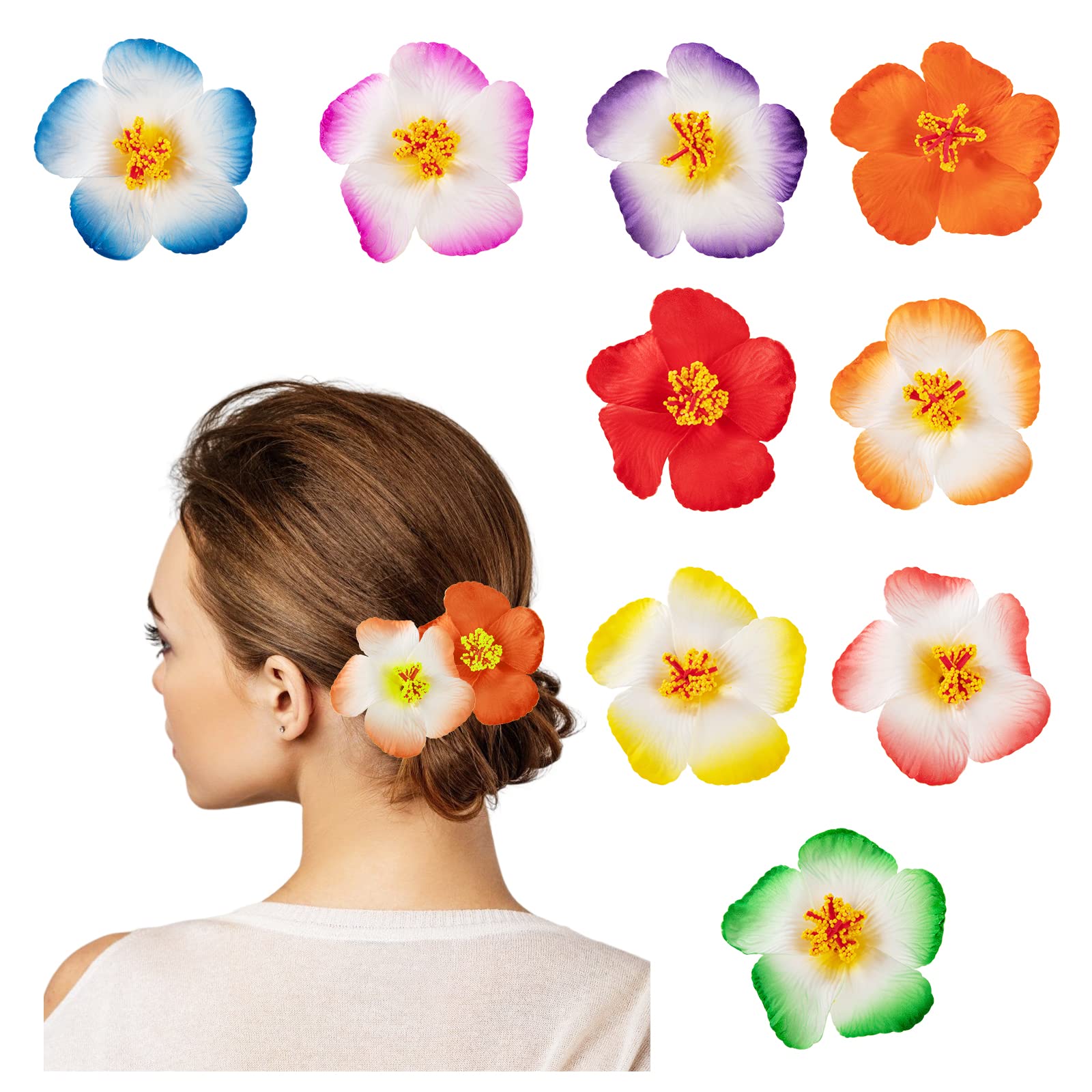 HIFOT 9Pcs Hawaiian Flower Hair Clips Women Girls Hair Pins, Crocodile Clips Hair Colourful Hibiscus Rosa-Sinensis, Hair Accessories for Women Party Beach Wedding, Tropical Fancy Dress 9cm