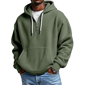 ASUIU Waffle Knit Hoodie Men Quarter Zip Hoodie Men Comfort Pullover Fitness Long Sleeve Streetwear Sweatshirt