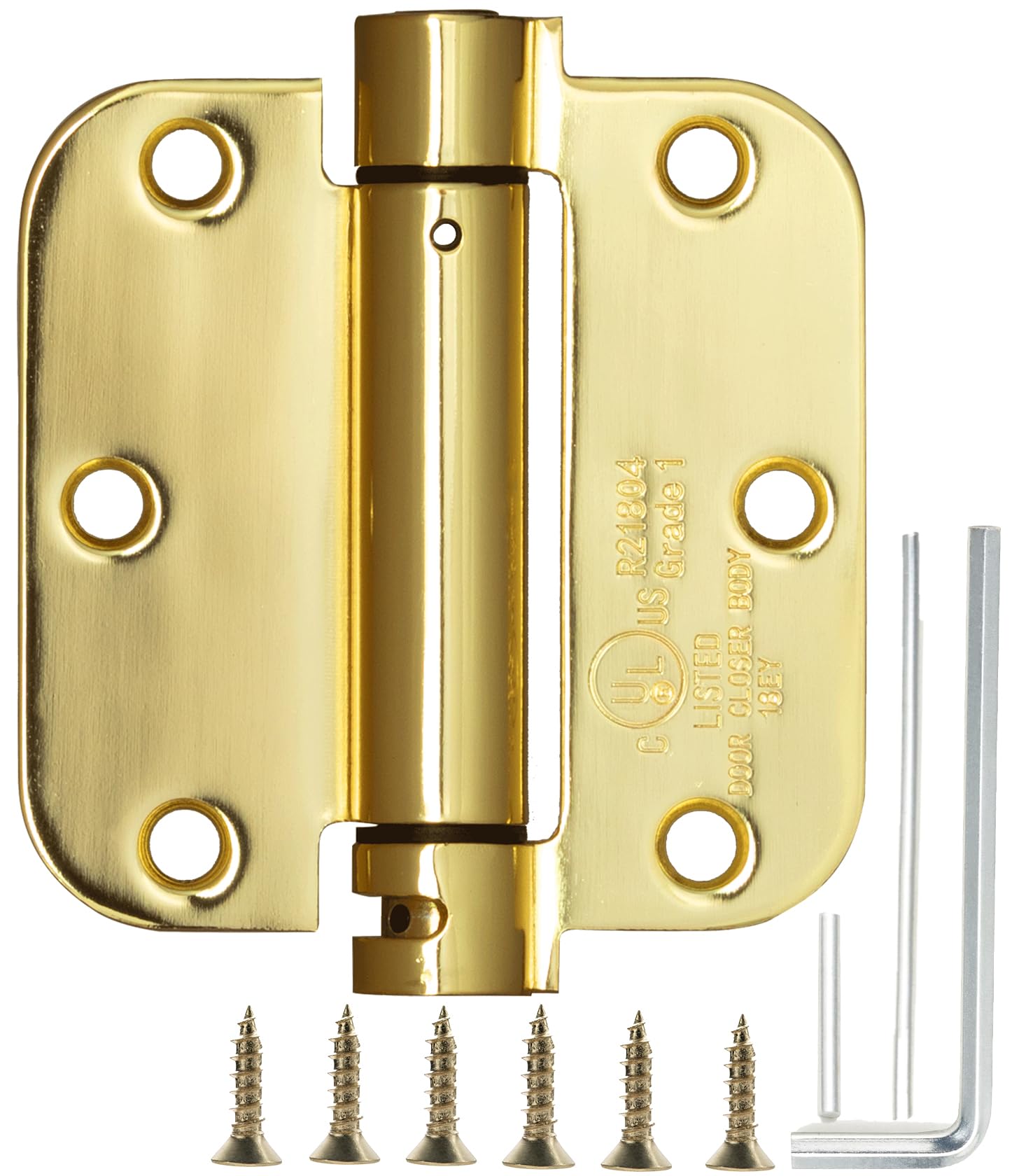 Photo 1 of PTSOC Self-Closing Spring Loaded Door Hinges 3.5 Inch - Adjustable Tension for Garage/Front/Back/Indoor Doors, UL Listed Left & Right Hand Hinge, 5/8'' Radius Corners, Polished Brass (2 Pack)