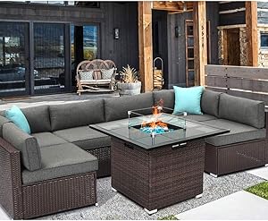 HOMPUS Outdoor Patio Furniture 7-Piece Wicker Sectional Sofa，Dark Gray Cushions w 32-inch Square Propane Fire Pit Table(40,000 BTU)，Internal Tank Storage，Glass Wind Guard