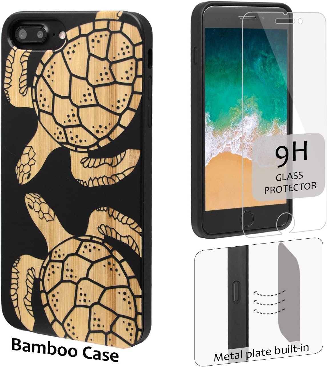 iProductsUS Wood Phone Case Compatible with iPhone SE (2020), iPhone 8, 7, 6/6S and Screen Protector, Black Bamboo Cases Engraved Cute Turtles, Built-in Metal Plate, TPU Protective Cover (4.7 inches)