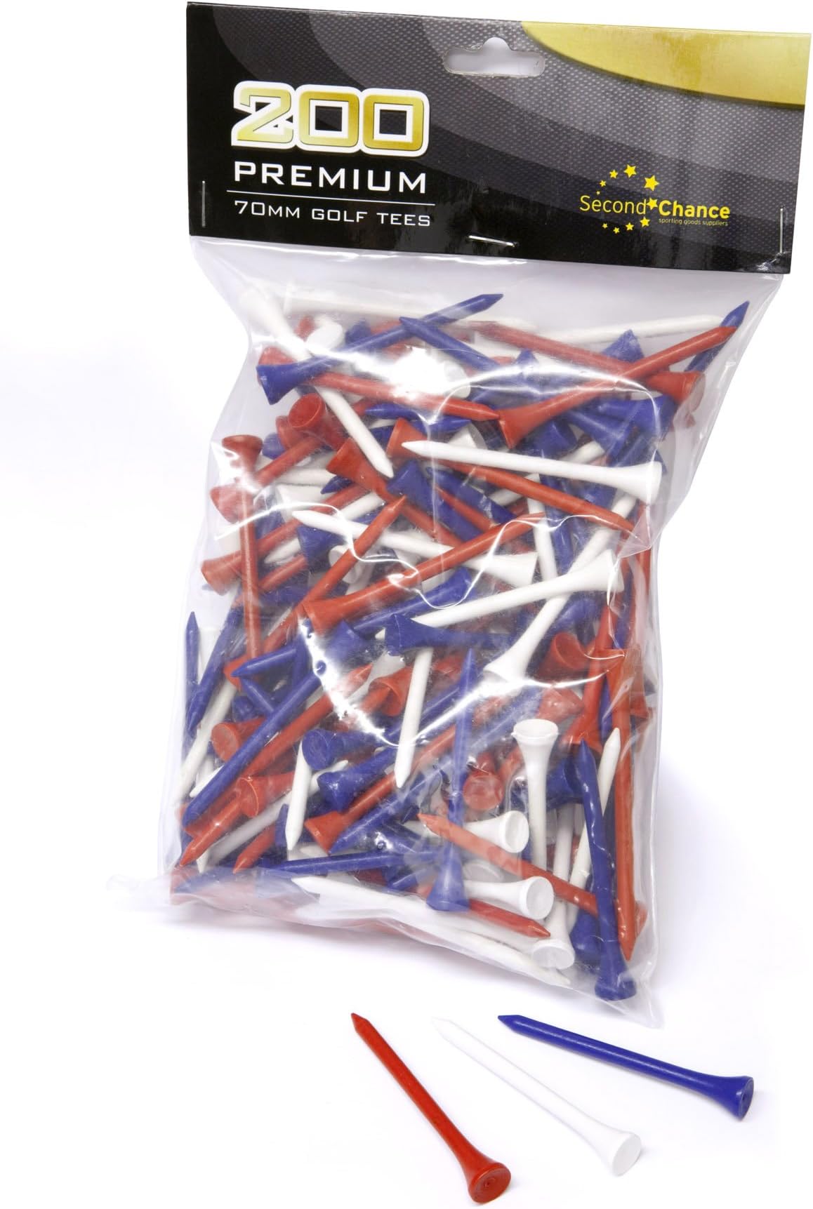 Second Chance 200 Wooden 7cm Golf Tees (Red, Blue and White)