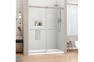 Sunrosa Frameless Double Sliding Shower Door 44-48" W x 76" H, 5/16" (8mm) Thick Easy-Clean Tempered Glass, Soft-Close Adjustable Shower Door with Towel Bar, Brushed Nickel Finish