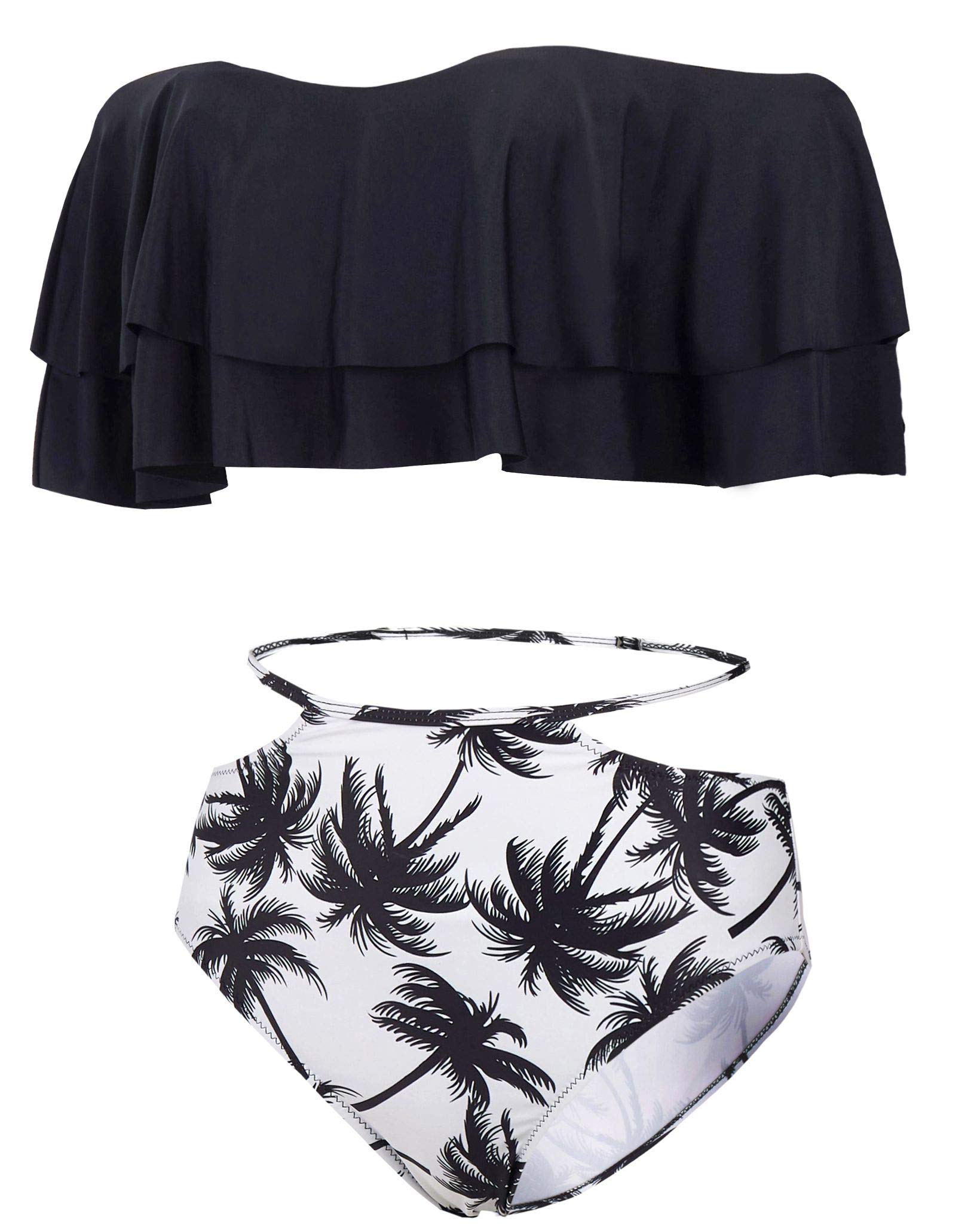 Yong Dong Bikini Swimsuits for Women Ruffle Flounce Off Shoulder Bathing Suits High Waisted Bikini Swimwear Black M