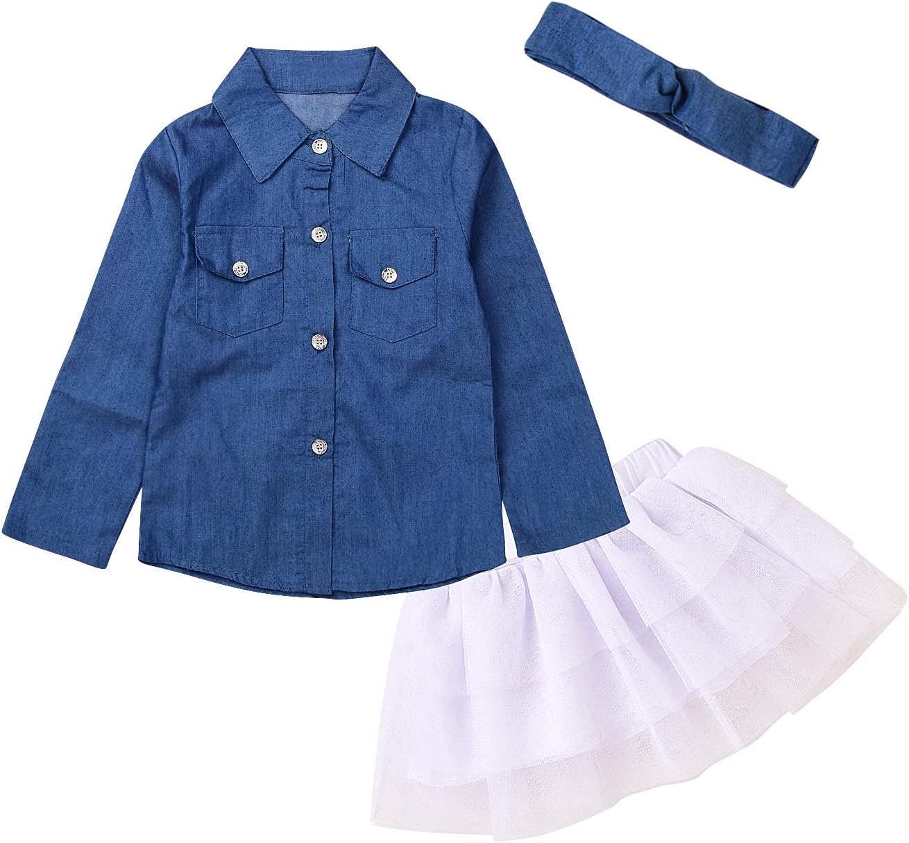 3pc Cute Baby Girl Blue Jean Shirt +Princess Tulle Overlay Lace Dress+Headband