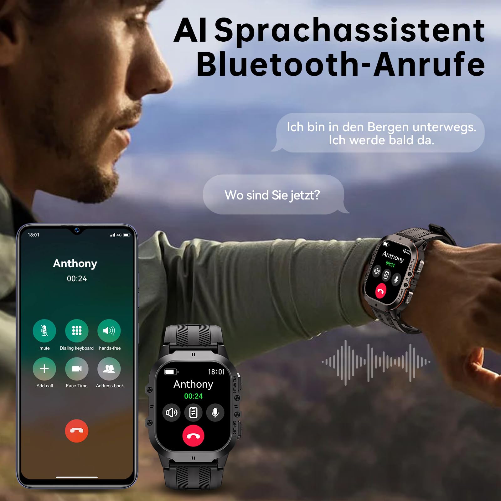 OUKITEL BT20 Smartwatch Herren Militär Wasserdicht 5ATM, Sportuhren Fitnessuhr Herren mit Telefonfunktion, AMOLED Touchscreen 120+Sportmodi mit Pulsmesser Schlafmonitor Schrittzähler für iOS/Android