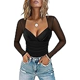 Chunpin Women's Square V Neck Mesh Bodysuit Long Sleeve Mesh Tops Outfits Sexy Bodysuits