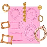 European Style Mirror Frame Fondant Molds for Cake Decorating, Baroque Embossed Love Heart Photo Silicone Mold for Wedding Cake Decorating, Candy Sugar Craft Cupcake Toppers