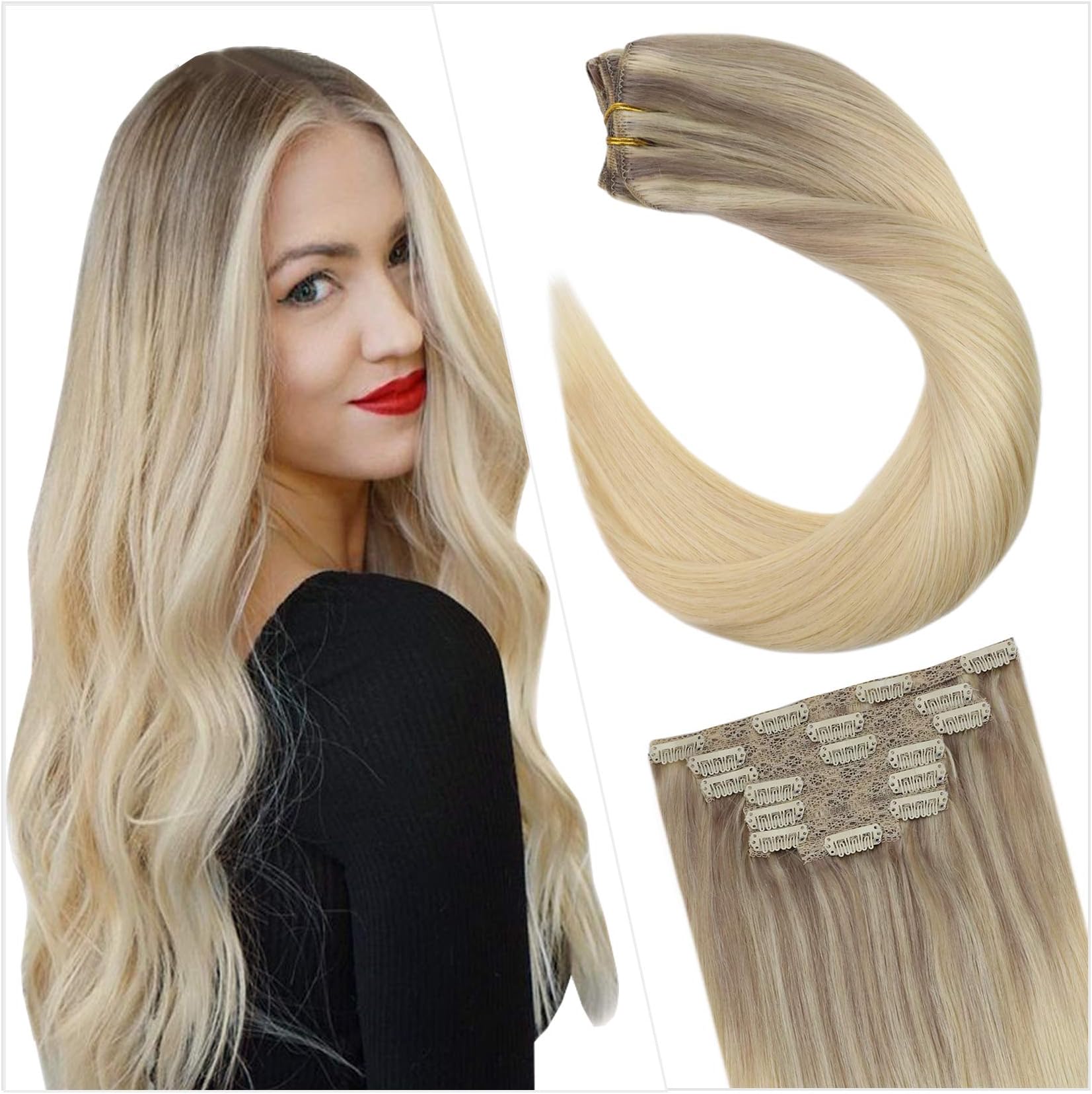 Ugeat Real Hair Clip in Extensions 14 Inch Remy Human Hair Extensions Clip in Blonde Balayage Color 18/22/60 Clip in Hair Extensions Natural Human Hair 7PCS Hair Clip Extension