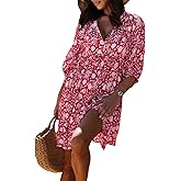 miduo Womens Casual V Neck Summer Half Sleeve Bohemian Floral Mini Tunic Short Dresses