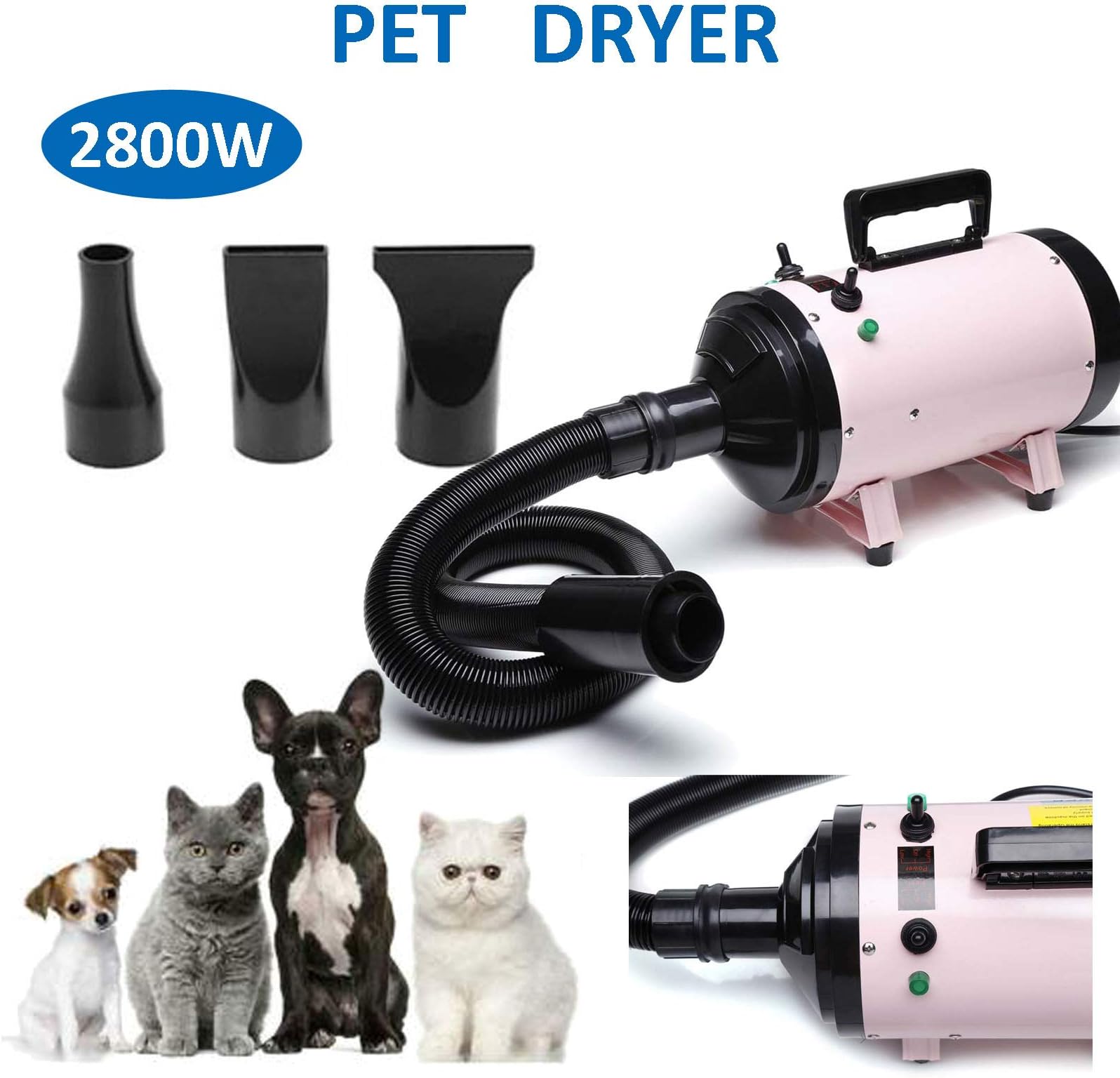 High Velocity Pet Hair Dryer - Blower Grooming Dryer with Heater Dogs & Cats, 2800W Powerful Blow Force, 2 Wind Speed, Low Noise, Heat Insulation, 3 Nozzles