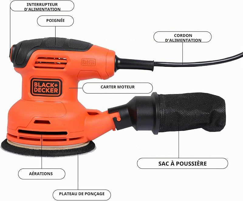 Ponceuse excentrique filaire - 230W - 125mm - 1 abrasif - Livrée avec un sac de collection des poussières, BEW210-QS