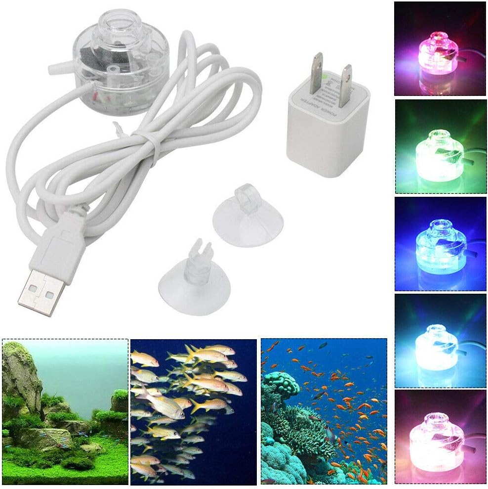 Supshopping Led Aquarium Light with air Aquarium Bubble Stone for Small Mini Gallon Fish Tank Decoration Multi-Color USB Suction Cup Submersible Light for Saltwater Freshwater Aquarium