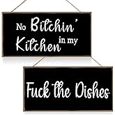 Jetec 2 Pieces Funny Kitchen Signs the Dishes Hanging Wall Art Sign No Bitchin in My Kitchen Rustic Wooden Wall Signs Decorat