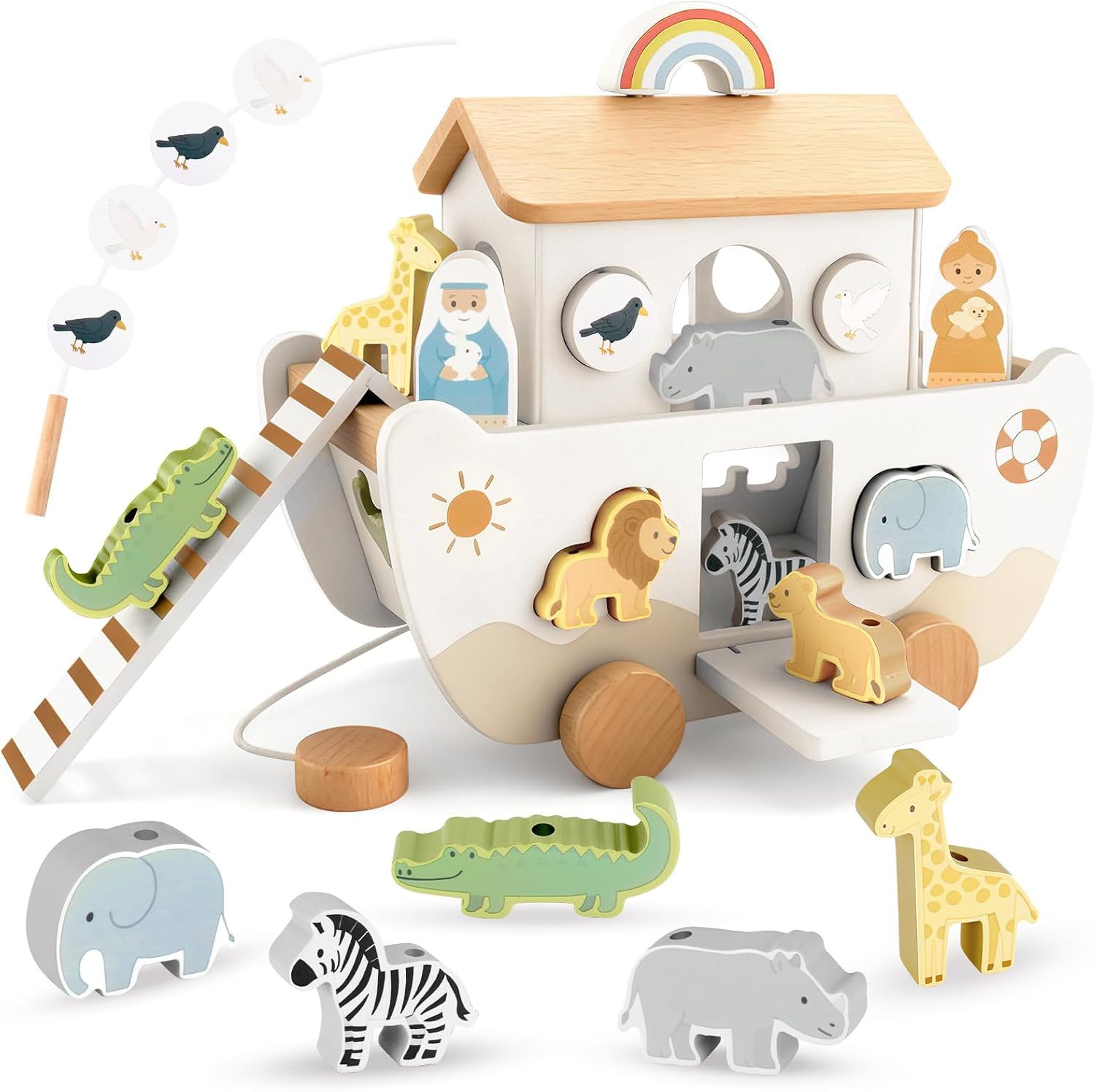 WoodsyJoy Wooden Noah’s Ark Toy for Toddlers 1-3, Baptism Christening Gifts for Boys Girls, Christian Toy Animal Shape Sorter, Baby Birthday